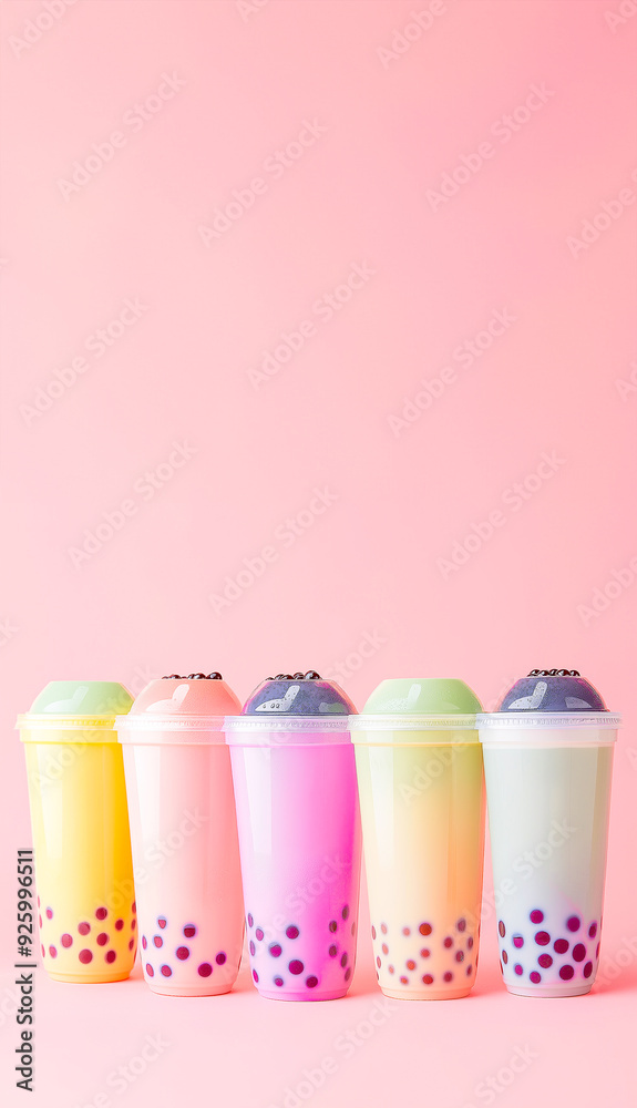 Bubble Milkshake, space of variety of bobba bubble milk tea plastic cups standing in a line on pink background