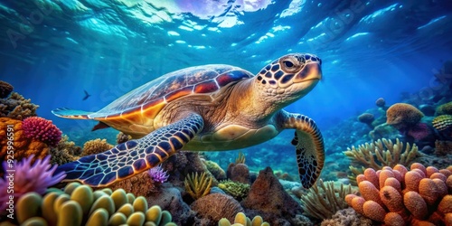 Fototapeta Naklejka Na Ścianę i Meble -  Masterful sea turtle swimming gracefully among vibrant coral reefs, turtle, ocean, wildlife, underwater, marine life, natural