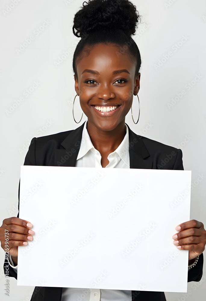 Professional Woman Holding Blank Sign in Business Attire for Customizable Corporate Message or Branding Professional Woman Holding Blank Sign in Business Attire for Customizable Corporate Message or Branding