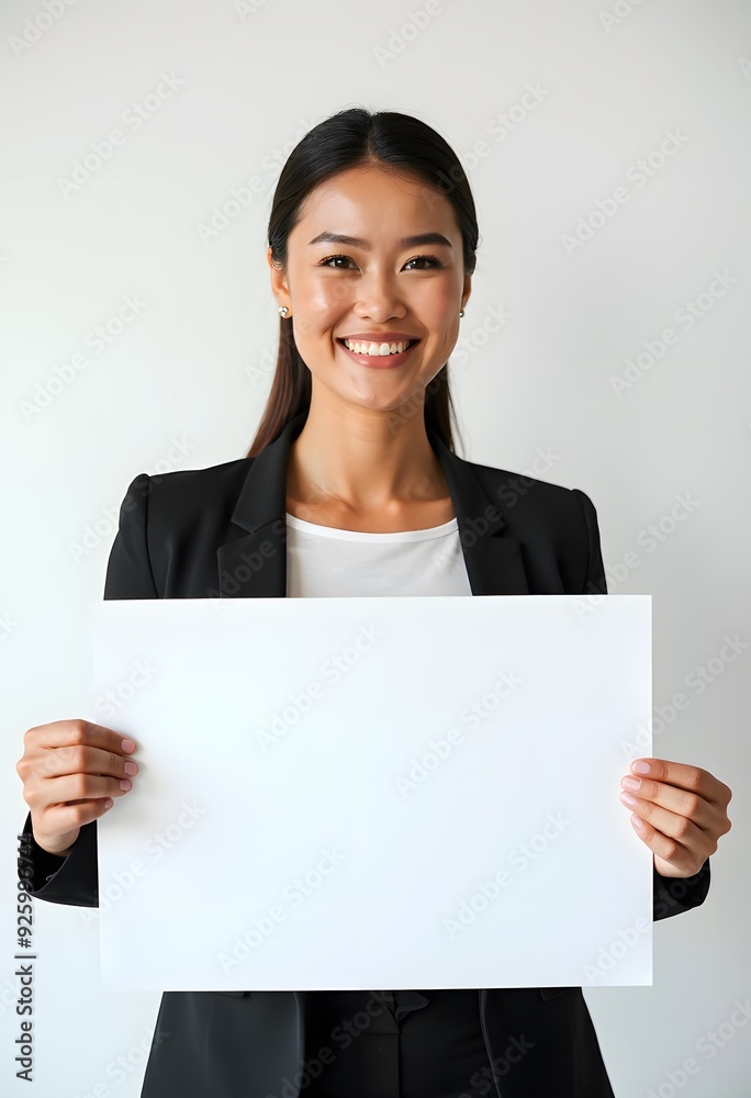 Professional Woman Holding Blank Sign in Business Attire for Customizable Corporate Message or Branding Professional Woman Holding Blank Sign in Business Attire for Customizable Corporate Message or Branding