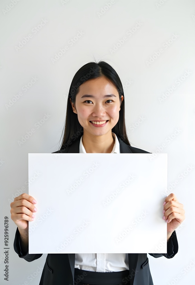 Professional Woman Holding Blank Sign in Business Attire for Customizable Corporate Message or Branding Professional Woman Holding Blank Sign in Business Attire for Customizable Corporate Message or Branding