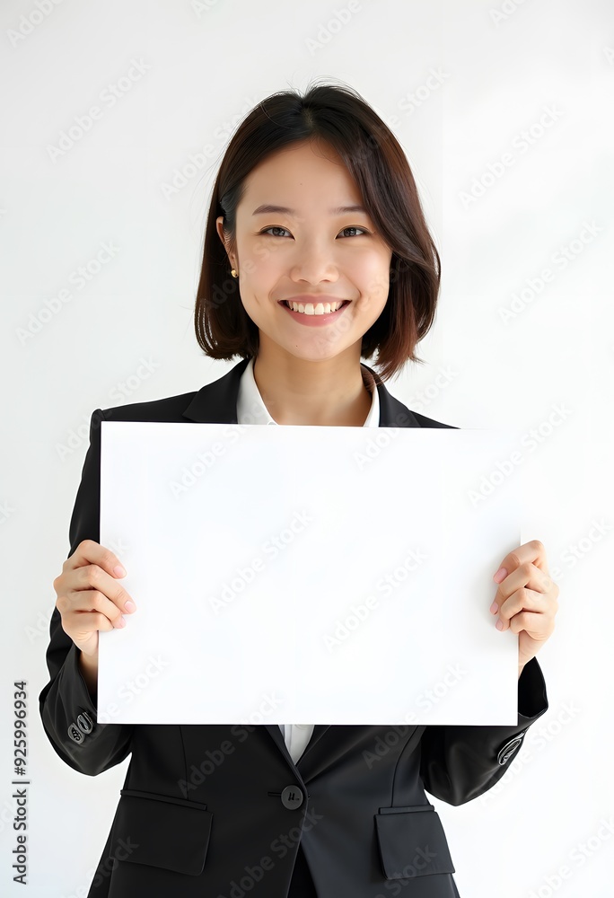 Professional Woman Holding Blank Sign in Business Attire for Customizable Corporate Message or Branding Professional Woman Holding Blank Sign in Business Attire for Customizable Corporate Message or Branding