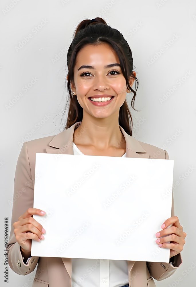 Professional Woman Holding Blank Sign in Business Attire for Customizable Corporate Message or Branding Professional Woman Holding Blank Sign in Business Attire for Customizable Corporate Message or Branding
