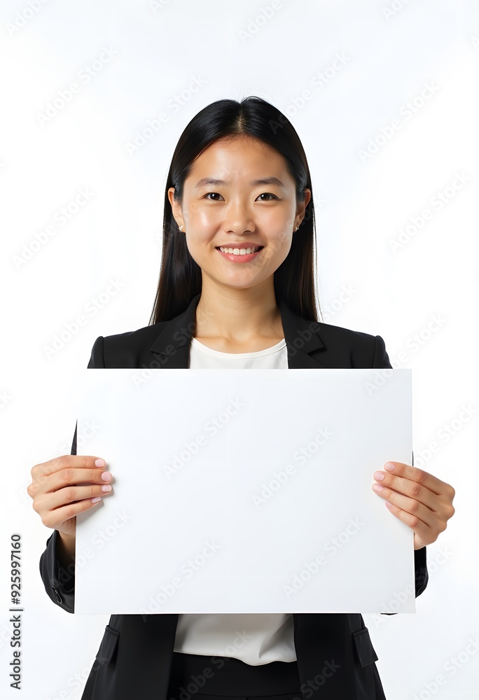 Professional Woman Holding Blank Sign in Business Attire for Customizable Corporate Message or Branding Professional Woman Holding Blank Sign in Business Attire for Customizable Corporate Message or Branding