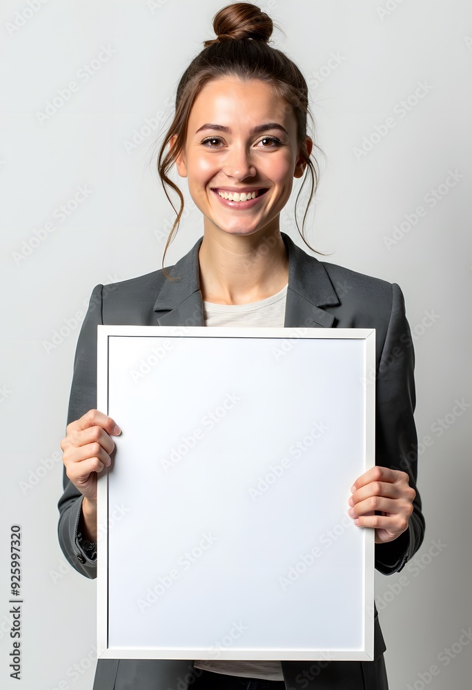 Professional Woman Holding Blank Sign in Business Attire for Customizable Corporate Message or Branding Professional Woman Holding Blank Sign in Business Attire for Customizable Corporate Message or Branding