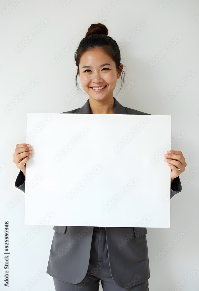Professional Woman Holding Blank Sign in Business Attire for Customizable Corporate Message or Branding Professional Woman Holding Blank Sign in Business Attire for Customizable Corporate Message or Branding