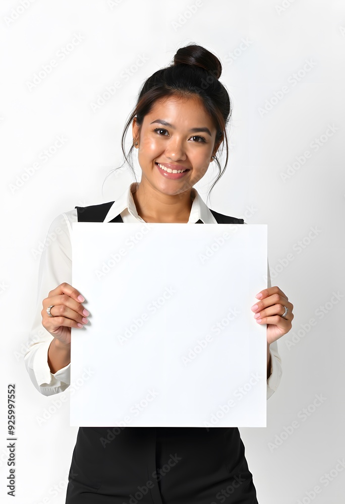 Professional Woman Holding Blank Sign in Business Attire for Customizable Corporate Message or Branding Professional Woman Holding Blank Sign in Business Attire for Customizable Corporate Message or Branding