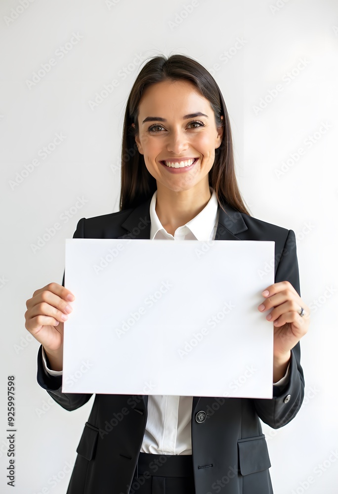 Professional Woman Holding Blank Sign in Business Attire for Customizable Corporate Message or Branding Professional Woman Holding Blank Sign in Business Attire for Customizable Corporate Message or Branding