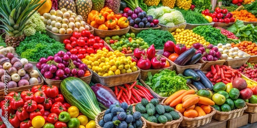 Farmers market display of vibrant, multi-colored fruits and vegetables, fresh, organic, produce, market, farm, colorful