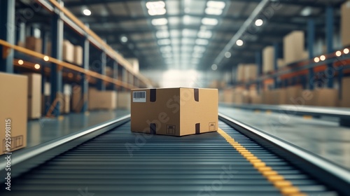 conveyor belt in a distribution warehouse with row of cardboard box packages for e-commerce delivery and automated logistics concepts. Generative ai