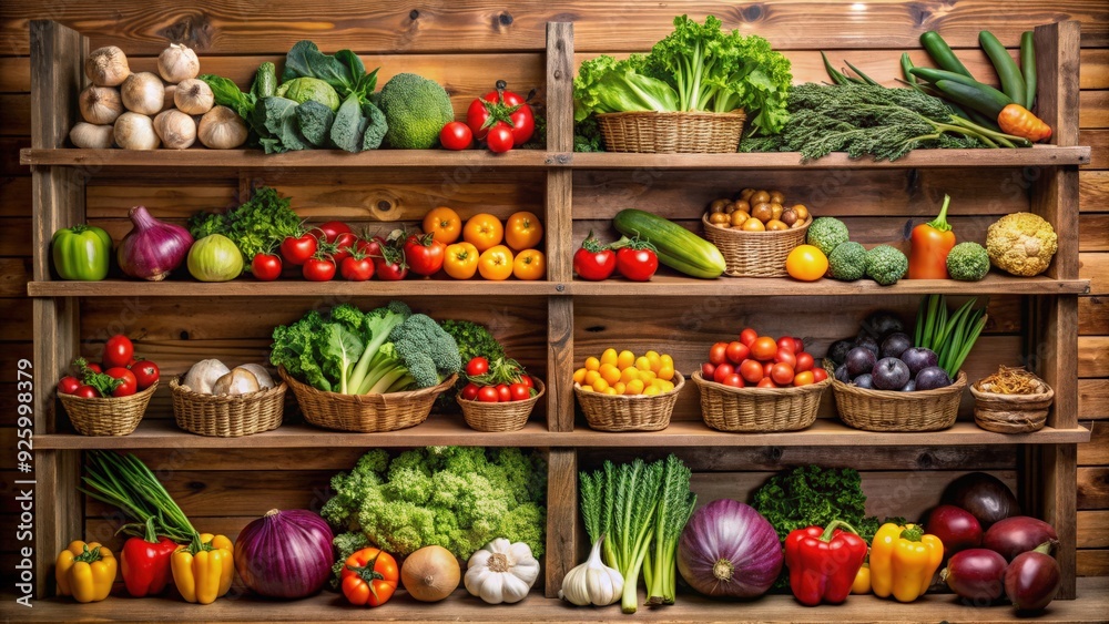 Organic vegetable shelf with meticulously arranged produce representing sustainability in food , organic farming Organic vegetable shelf with meticulously arranged produce representing sustainability in food , organic farming