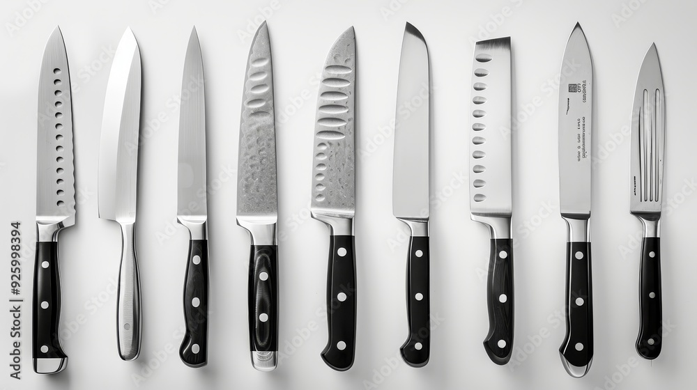 A neatly arranged collection of various knives displayed on a flat surface, including a set of chef knives, paring knives, and other specialty blades The knives are organized in an appeal A neatly arranged collection of various knives displayed on a flat surface, including a set of chef knives, paring knives, and other specialty blades The knives are organized in an appeal
