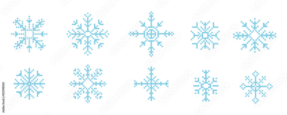 Pixel snowflake winter retro pixilated 8 bit game stamp. Holiday flake ornament. Simple crystal ornament. 