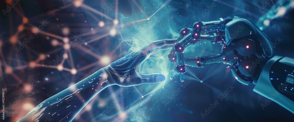 A human-like digital hand reaches out to touch a robotic hand, representing the fusion of technology and humanity in a futuristic world. Wide web banner. A human-like digital hand reaches out to touch a robotic hand, representing the fusion of technology and humanity in a futuristic world. Wide web banner.