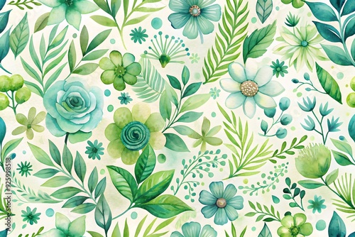 Watercolor seamless pattern in retro style with succulents, jade plant, zebra plant and hoya kerrii. Decorative floral background for wedding or fabric design in green colors
 photo