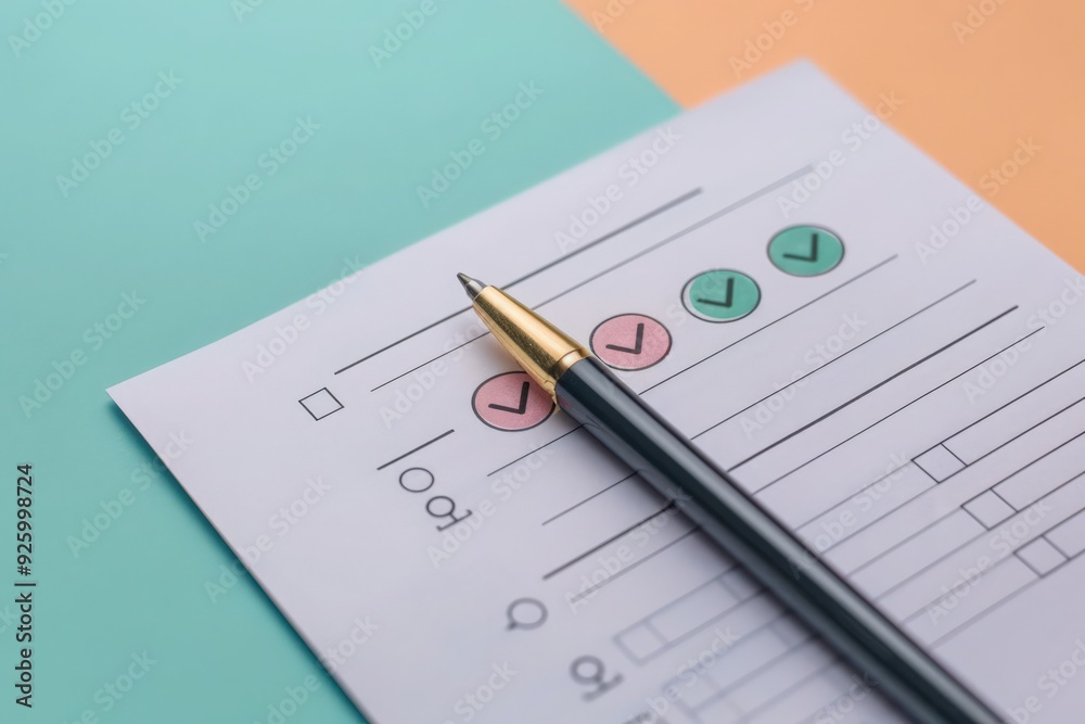 A neatly designed feedback form rests against a vibrant background, with a pen positioned for easy completion and evaluation. A neatly designed feedback form rests against a vibrant background, with a pen positioned for easy completion and evaluation.
