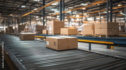 conveyor belt in a distribution warehouse with row of cardboard box packages for e-commerce delivery and automated logistics concepts. Generative ai