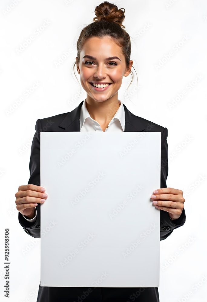 Professional Woman Holding Blank Sign in Business Attire for Customizable Corporate Message or Branding Professional Woman Holding Blank Sign in Business Attire for Customizable Corporate Message or Branding