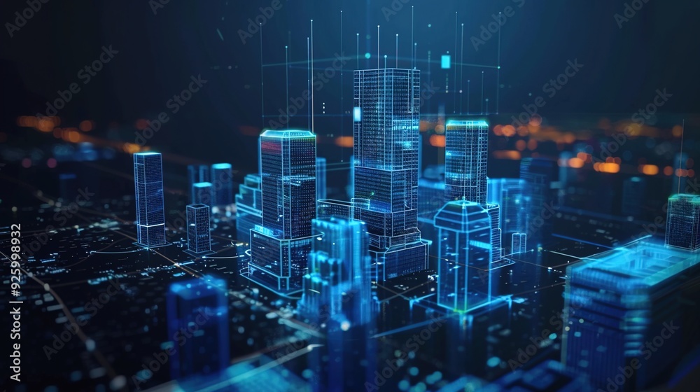 Futuristic cityscape with neon lights and tall buildings