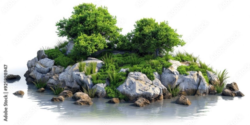 Realistic Small island, green plants, rocks on white background with clipping path 3d rendering illustration Realistic Small island, green plants, rocks on white background with clipping path 3d rendering illustration