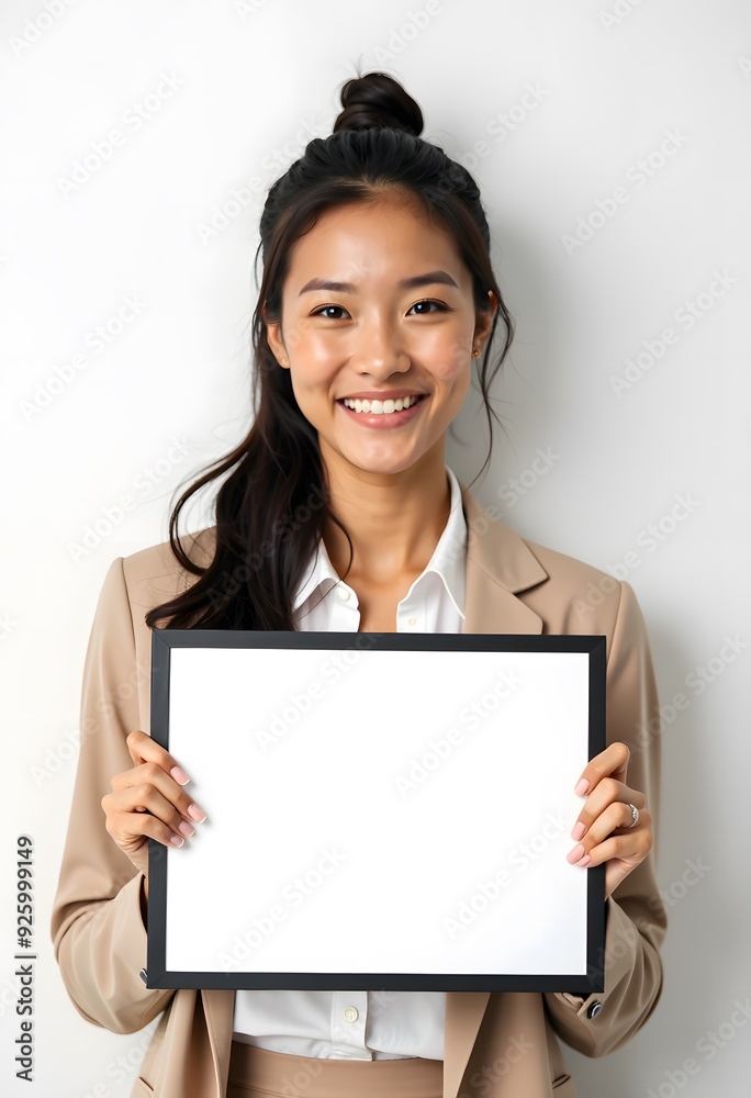 Professional Woman Holding Blank Sign in Business Attire for Customizable Corporate Message or Branding Professional Woman Holding Blank Sign in Business Attire for Customizable Corporate Message or Branding