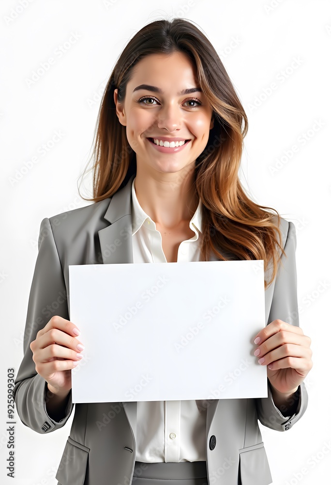 Professional Woman Holding Blank Sign in Business Attire for Customizable Corporate Message or Branding Professional Woman Holding Blank Sign in Business Attire for Customizable Corporate Message or Branding