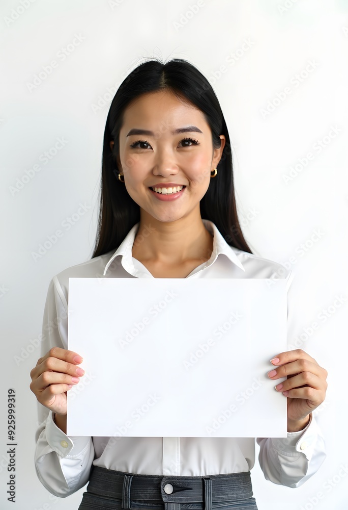 Professional Woman Holding Blank Sign in Business Attire for Customizable Corporate Message or Branding Professional Woman Holding Blank Sign in Business Attire for Customizable Corporate Message or Branding