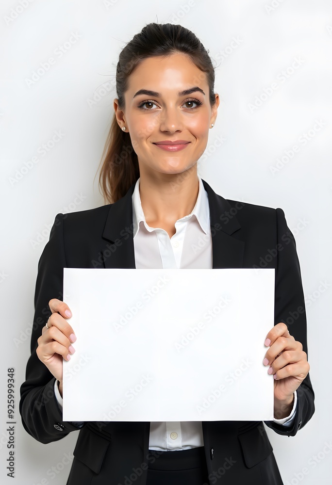 Professional Woman Holding Blank Sign in Business Attire for Customizable Corporate Message or Branding Professional Woman Holding Blank Sign in Business Attire for Customizable Corporate Message or Branding