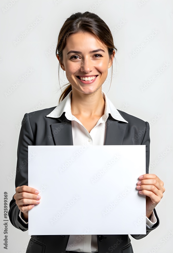 Professional Woman Holding Blank Sign in Business Attire for Customizable Corporate Message or Branding Professional Woman Holding Blank Sign in Business Attire for Customizable Corporate Message or Branding