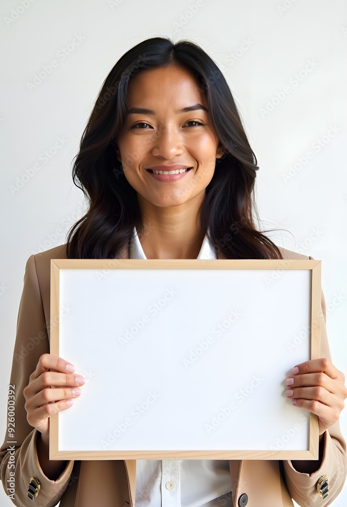 Professional Woman Holding Blank Sign in Business Attire for Customizable Corporate Message or Branding Professional Woman Holding Blank Sign in Business Attire for Customizable Corporate Message or Branding