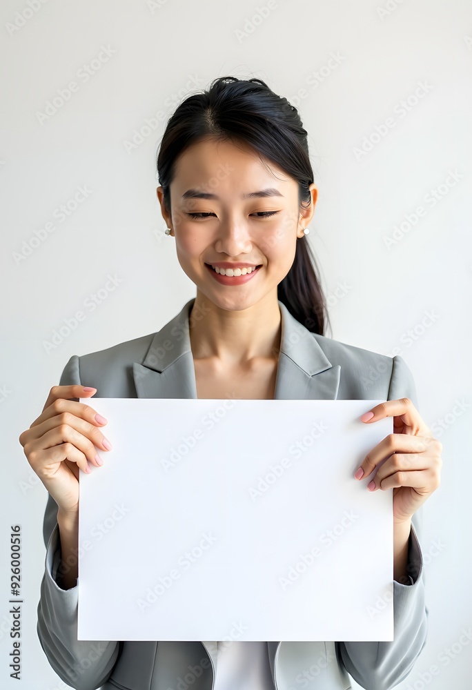 Professional Woman Holding Blank Sign in Business Attire for Customizable Corporate Message or Branding Professional Woman Holding Blank Sign in Business Attire for Customizable Corporate Message or Branding