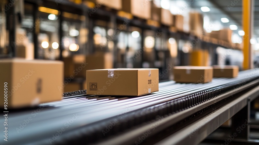 conveyor belt in a distribution warehouse with row of cardboard box packages for e-commerce delivery and automated logistics concepts. Generative ai conveyor belt in a distribution warehouse with row of cardboard box packages for e-commerce delivery and automated logistics concepts. Generative ai