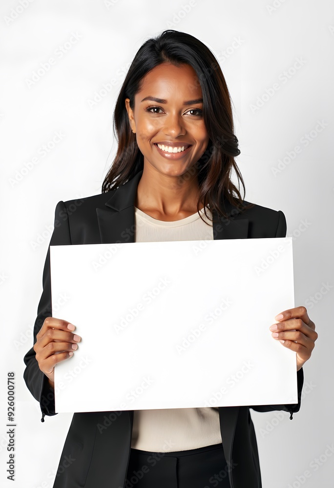 Professional Woman Holding Blank Sign in Business Attire for Customizable Corporate Message or Branding Professional Woman Holding Blank Sign in Business Attire for Customizable Corporate Message or Branding