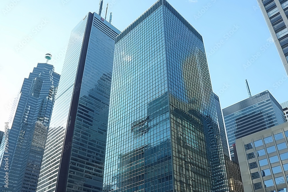 A view of tall business skyscrapers in the financial district showcasing modern architecture and cityscape in the bustling downtown area. The scene reflects the big metropolis in the city. A view of tall business skyscrapers in the financial district showcasing modern architecture and cityscape in the bustling downtown area. The scene reflects the big metropolis in the city.