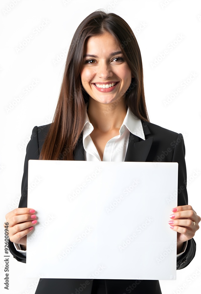 Professional Woman Holding Blank Sign in Business Attire for Customizable Corporate Message or Branding Professional Woman Holding Blank Sign in Business Attire for Customizable Corporate Message or Branding