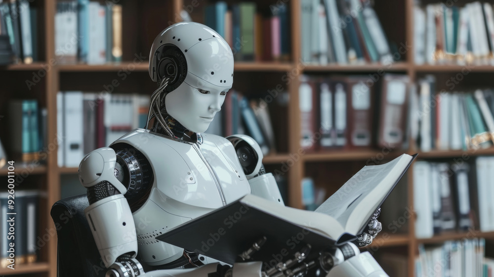 A humanoid robot reads a book in a traditional library, symbolizing the intersection of technology and knowledge in a modern, educational environment. Training of artificial intelligence AI. A humanoid robot reads a book in a traditional library, symbolizing the intersection of technology and knowledge in a modern, educational environment. Training of artificial intelligence AI.