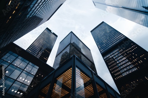 Wallpaper Mural A view of tall business skyscrapers in the financial district showcasing modern architecture and cityscape in the bustling downtown area. The scene reflects the big metropolis in the city. Torontodigital.ca