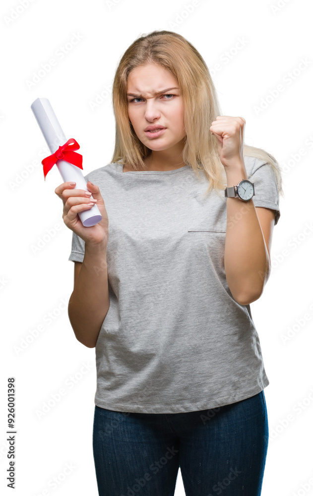 Young caucasian woman holding degree over isolated background annoyed and frustrated shouting with anger, crazy and yelling with raised hand, anger concept Young caucasian woman holding degree over isolated background annoyed and frustrated shouting with anger, crazy and yelling with raised hand, anger concept