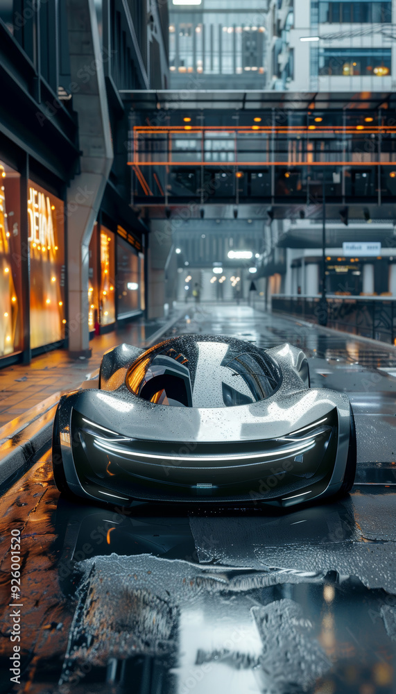 Fototapeta premium Futuristic Concept Car in Urban Setting with Innovative Design Elements and Metallic Silver Finish