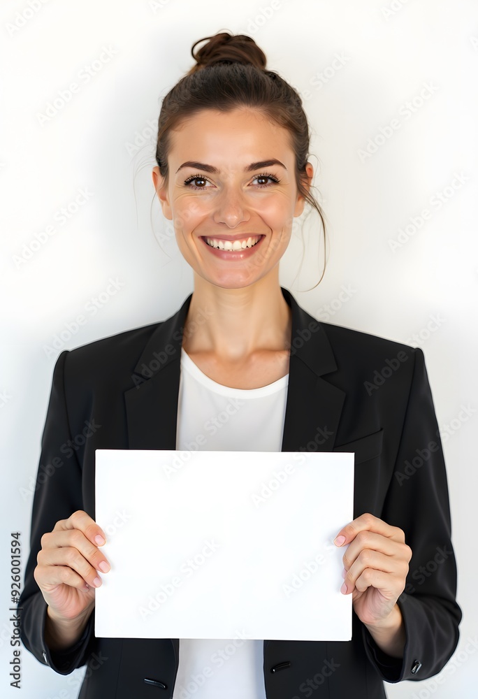 Professional Woman Holding Blank Sign in Business Attire for Customizable Corporate Message or Branding Professional Woman Holding Blank Sign in Business Attire for Customizable Corporate Message or Branding