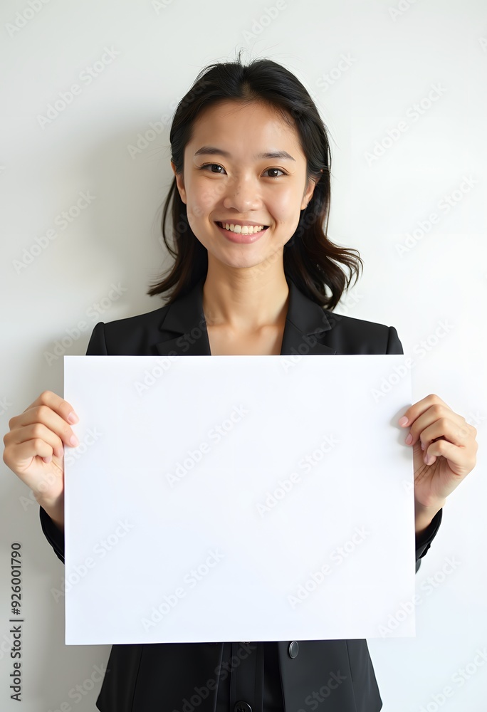Professional Woman Holding Blank Sign in Business Attire for Customizable Corporate Message or Branding Professional Woman Holding Blank Sign in Business Attire for Customizable Corporate Message or Branding