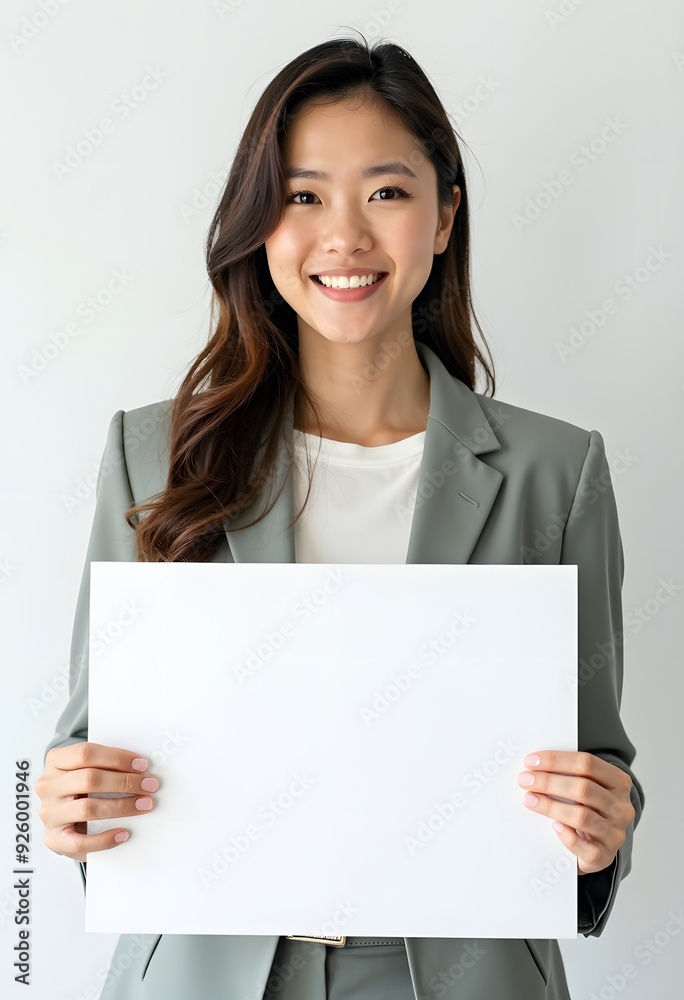 Professional Woman Holding Blank Sign in Business Attire for Customizable Corporate Message or Branding Professional Woman Holding Blank Sign in Business Attire for Customizable Corporate Message or Branding