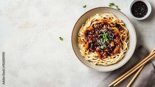 Savory Korean Noodles in Black Bean Sauce on Dark Background with Selective Focus for Culinary Concept photo