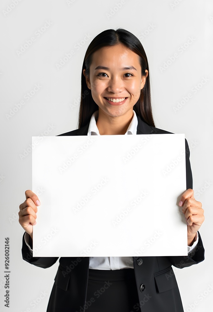 Professional Woman Holding Blank Sign in Business Attire for Customizable Corporate Message or Branding Professional Woman Holding Blank Sign in Business Attire for Customizable Corporate Message or Branding