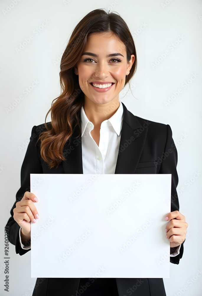 Professional Woman Holding Blank Sign in Business Attire for Customizable Corporate Message or Branding Professional Woman Holding Blank Sign in Business Attire for Customizable Corporate Message or Branding
