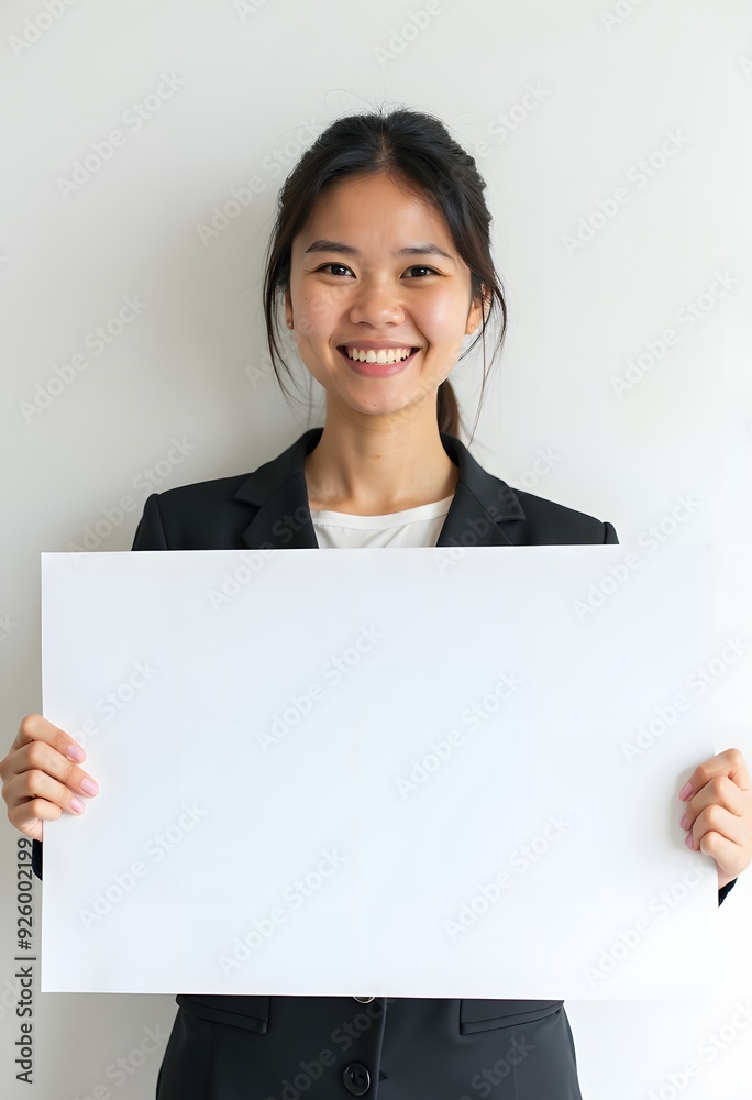 Professional Woman Holding Blank Sign in Business Attire for Customizable Corporate Message or Branding Professional Woman Holding Blank Sign in Business Attire for Customizable Corporate Message or Branding