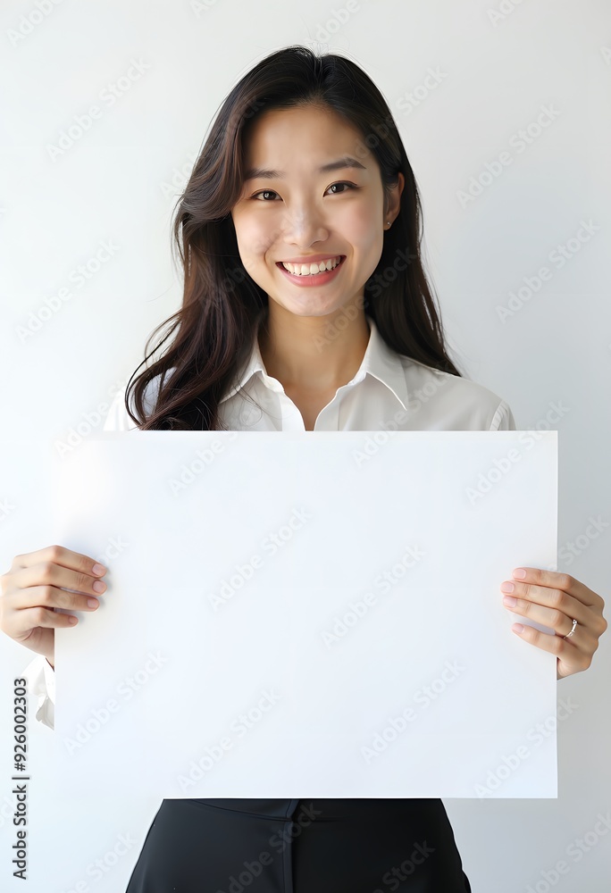 Professional Woman Holding Blank Sign in Business Attire for Customizable Corporate Message or Branding Professional Woman Holding Blank Sign in Business Attire for Customizable Corporate Message or Branding