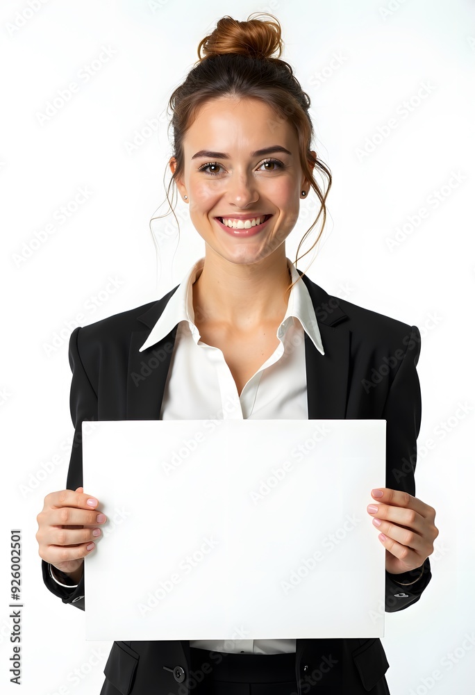 Professional Woman Holding Blank Sign in Business Attire for Customizable Corporate Message or Branding Professional Woman Holding Blank Sign in Business Attire for Customizable Corporate Message or Branding