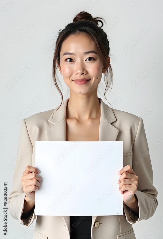 Professional Woman Holding Blank Sign in Business Attire for Customizable Corporate Message or Branding Professional Woman Holding Blank Sign in Business Attire for Customizable Corporate Message or Branding