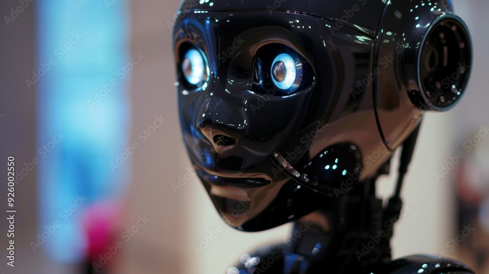Detailed close-up of a humanoid robot with glowing eyes, showcasing advanced artificial intelligence and futuristic design in technology Detailed close-up of a humanoid robot with glowing eyes, showcasing advanced artificial intelligence and futuristic design in technology